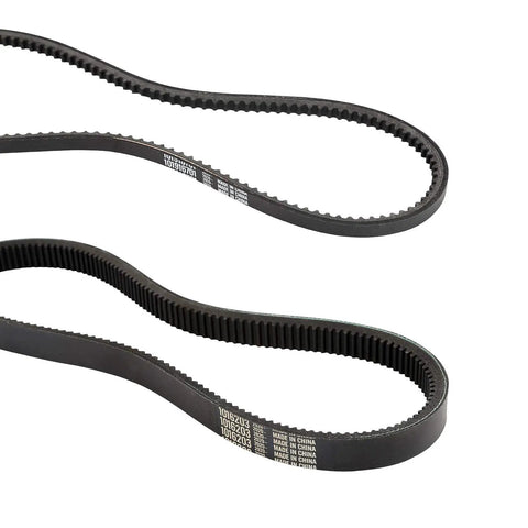 Two black belts from Clutch Drive Belt And Starter Generator Belt Kit For Club Car DS 1997 Up And Club Car Precedent 2004 Up Gas Golf Carts Replaces OEM 1016203 And 101916701