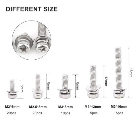 Different sizes of 160 Pieces Stainless Steel SS304 Pan Head Screws And Nuts Kit M2 To M5 Fasteners with measurements