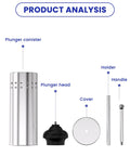 Heavy Duty Toilet Plunger With Sturdy Powder Coated Iron Canister showing plunger head, cover, holder, and handle.