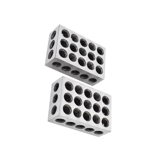 Front view of two hardened steel 1-2-3 precision blocks with 23 holes