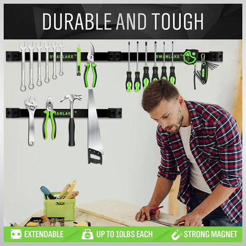 4 Piece 12 Inch Magnetic Tool Holder Set Wall Mount Organizer For Garage Heavy Duty Alloy Steel Magnetic Strip To Hold Wrenches Pliers And Screwdrivers Storage Rack with tools displayed