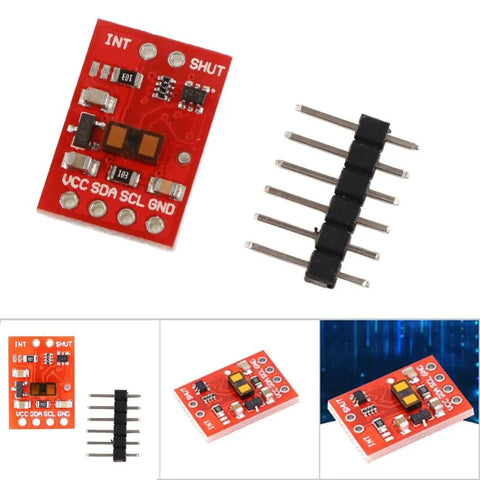 VL53L1X ToF Distance Sensor Module With I2C Interface For Robotics And Drone Builds 4 Centimeter To 4 Meter Range 940 Nanometer Emitter Ultra Accurate Ranging With Programmable ROI For Multi Zone Navigation showing red circuit board and pin header