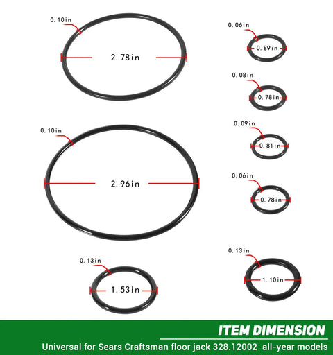 O-rings from 1.5 Ton Floor Jack Seal Replacement Kit With O Rings Piston And Washer Complete 22 Piece Hydraulic Jack Rebuild Kit For Heavy Duty DIY Repair Fits Most 1.5 Ton Floor Jacks, shown with dimensions.