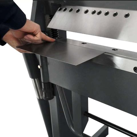 Close-up of Workhorse 40 Inch Box And Pan Brake For 12 Gauge Mild Steel With Hands Free Foot Control demonstrating metal placement