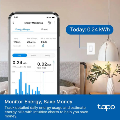 Smart 3 Way Dimmer Switch Kit With Matter Compatible, Energy Monitoring, showing energy usage on mobile app screen.