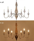 6-Light French Country Farmhouse Chandelier For Dining Room And Living Room, Rustic Brown Distressed Wood, Vintage Rust Arm Detail, Cozy Bedroom Lighting, 29.5 Inch Diameter shown turned off and on