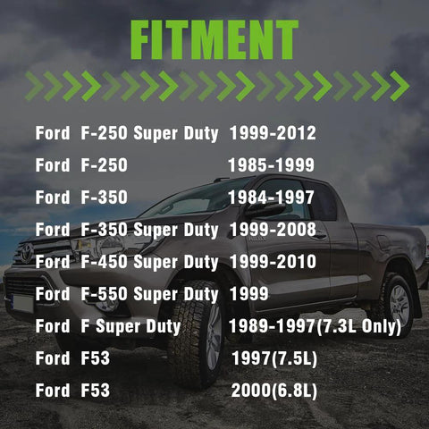 Fitment chart for Ford F-Series trucks with a Ford truck image for heavy duty driveshaft center support bearing carrier compatibility.