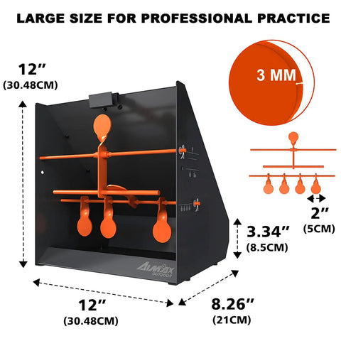 Outdoor Pellet Gun Target Trap With Center Shot Includes 12 Paper Targets And 4 Resetting Metal Targets shown with dimensions.