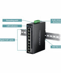 8 Port Industrial Gigabit PoE Plus DIN Rail Switch Built Tough For Rugged Environments, 200W PoE Budget, 16Gbps Switching, NDAA And TAA