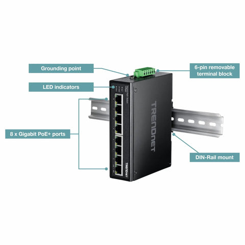8 Port Industrial Gigabit PoE Plus DIN Rail Switch Built Tough For Rugged Environments, 200W PoE Budget, 16Gbps Switching, NDAA And TAA