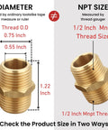 Comparison of half inch NPT brass hex nipple male to male pipe adapter 0.75 inch OD with measurement details, highlighting proper sizing methods.