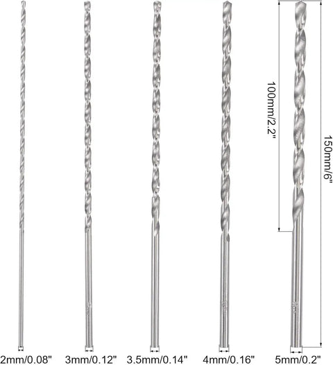 Grip These Five Pcs Long Wood Drill Bits For Some Serious Drilling Action. 150mm HSS twist drill bits set, sizes 2mm to 5mm, for wood, plastic, and metal.