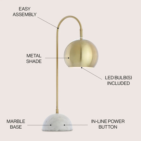 Brass Gold And White 23.5 Inch Metal Marble LED Table Lamp With Modern Arched Design The Dope Task Light For Living Room Bedroom
