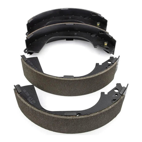 Front And Rear Complete Brake Kit With Ceramic Pads Shoes And Rotors And Drums For Chevy Silverado 1500 And Gmc Sierra 1500 Models 2009 To 2013 ceramic brake shoes in gray and black arrangement.