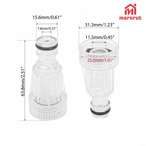 5 Pack 3/4 Inch Pressure Washer Parts Kit for 20V Max Cordless Washers Water Inlet Filter Connectors with size measurements