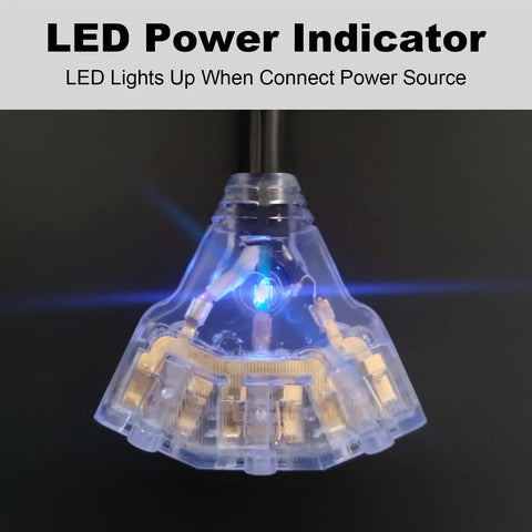 30 Amp RV and Generator Power Cord With TT-30P Male To Three 5-15R 5-20R Outlets shown with LED indicator lit
