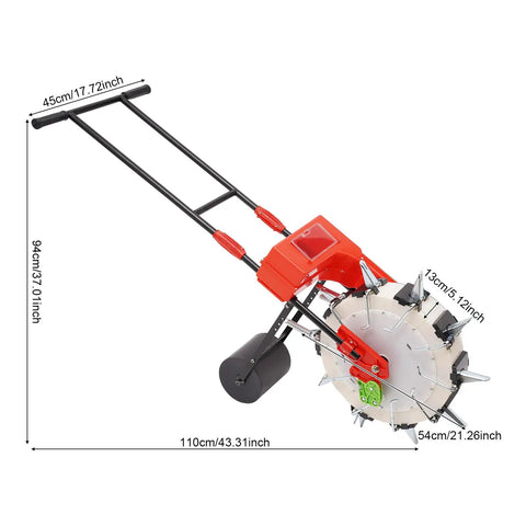 Walk Behind Hand Push Seeder With 10 Equidistant Nozzles For Precise Quantitative Sowing In Row Crops Pro Grade Garden Seeder shown with dimensions