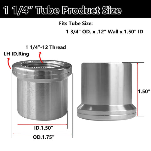 Heavy Duty One And A Quarter Chromoly Heim Joint Rod End Kit With Spacers, 12 TPI Threads, Two Pairs, Left And Right Hand Joints, High Misalignment Spacers From One Inch To Three Quarters Inch, Fits One Point Seven Five Inch OD Tubing With 0.120 Inch Wall, 1 1/4-12 thread spacer