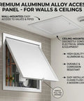 Solid As A Rock Heavy Duty Drywall Access Panel Cover Plate For Walls And Ceilings Featuring A Straightforward Quick Install Design 30X40 Inch open to show plumbing and electrical access.