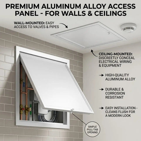 Solid As A Rock Heavy Duty Drywall Access Panel Cover Plate For Walls And Ceilings Featuring A Straightforward Quick Install Design 30X40 Inch open to show plumbing and electrical access.