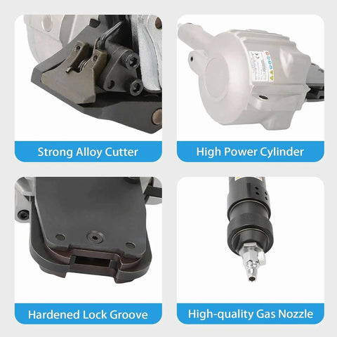 DFEDHF Pneumatic Steel Strapping Machine For 1.25 Inch Metal Belt features a strong alloy cutter and high power cylinder for efficiency.