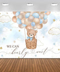 Blue Bear Hot Air Balloon Backdrop For Boy Tot Friendly Baby Shower Photo Booth Prop 7x5ft Cotton Fabric, Reusable