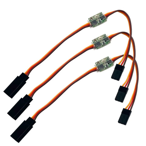 Three Pack RC Servo Signal Reverser Rotation Inverter 3.6 To 24V 5A with JR connectors, beefy ABS housing for JR Futaba aircraft servos.