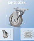 4 Inch Heavy Duty Caster Wheels Set Of 4 With Swivel 1200 Lbs Load Capacity Rubber Quiet Castors dimensions chart