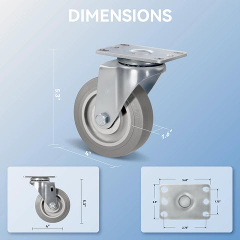 4 Inch Heavy Duty Caster Wheels Set Of 4 With Swivel 1200 Lbs Load Capacity Rubber Quiet Castors dimensions chart