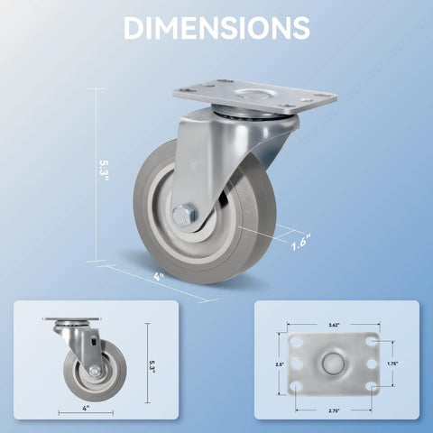 Heavy Duty 4 Inch Casters Set Of 4 Built Tough With Quiet Thermoplastic Rubber Wheels showing dimensions and features on a blue background.