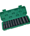 10 Piece Heavy Duty Impact Socket Set With Hex Heads Made From Premium Chrome Steel For Electric Wrenches And Pneumatic Drills In Auto Repair Or Home Jobs, green case