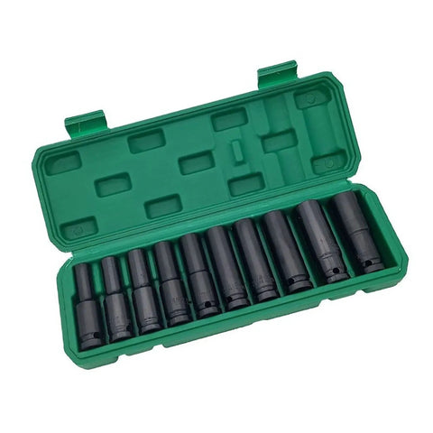 10 Piece Heavy Duty Impact Socket Set With Hex Heads Made From Premium Chrome Steel For Electric Wrenches And Pneumatic Drills In Auto Repair Or Home Jobs, green case