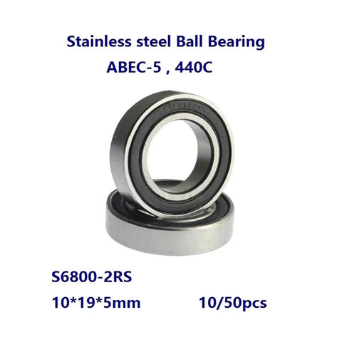 S6800-2RS Deep Groove Ball Bearing 10x19x5mm ABEC-5 stainless steel with double rubber cover, set of 10 or 50 pieces.