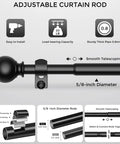 Black 5/8 Inch Curtain Rod Set For Windows 18 To 45 Inches, telescoping matte black finish, features and components shown