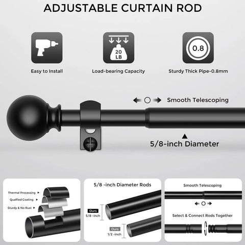 Black 5/8 Inch Curtain Rod Set For Windows 18 To 45 Inches, telescoping matte black finish, features and components shown