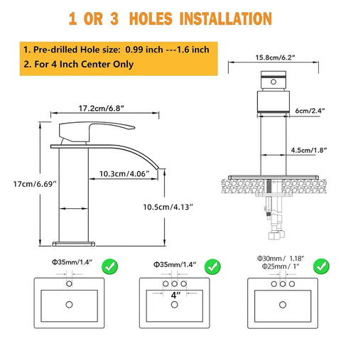Installation diagram for Matte Black Waterfall Bathroom Faucet With Pop Up Drain And Deck Plate RV Vanity Vessel Sink Faucet With Single Handle