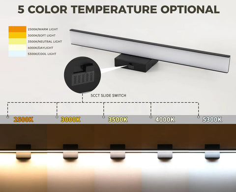 Modern Matte Black 16 Inch Aluminum Vanity Light Sconce with 5 color temperatures, showing 2500K to 5300K options.