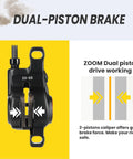 Zoom H875E dual-piston hydraulic brake caliper, front view, black, for e-bikes with 180mm rotors