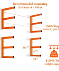 Heavy Duty Wall Mounted Lumber Rack Go Big Or Go Home Holds Over A Ton Knock Clutter Outta The Way Super Metal Wood Organizer Shelf For Garage Workshop 4 Pack Orange with measurements and weight capacities.