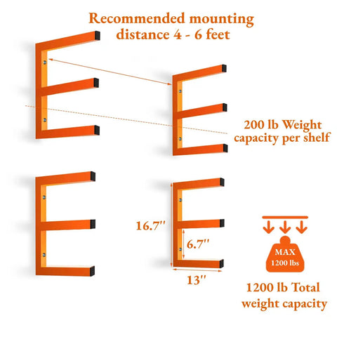 Heavy Duty Wall Mounted Lumber Rack Go Big Or Go Home Holds Over A Ton Knock Clutter Outta The Way Super Metal Wood Organizer Shelf For Garage Workshop 4 Pack Orange with measurements and weight capacities.