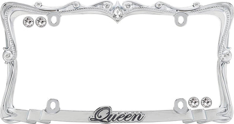 Blinged Out Queen License Plate Frame Chrome And Clear With Nine Glass Crystals Black Glitter Lettering On Bottom Zinc Die Cast