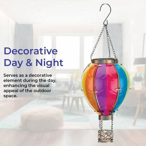 Solar Hot Air Balloon Lantern with Flickering Flame Effect for Outdoor Hanging in a colorful design indoors