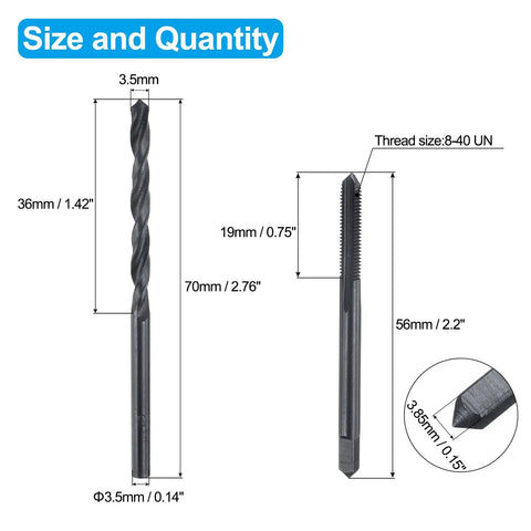 DIY Ready Tap And Drill Bit Set Includes One 8 40 UN Straight Flute Tap And One 3.5mm Twist Drill Bit In Black Oxide HSS 6542, size details