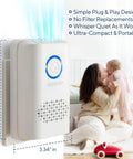 Compact air purifier with blue venting light in room, dimensions 5.51x3.34 inches, mother with child in background.