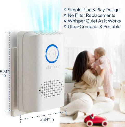 Compact air purifier with blue venting light in room, dimensions 5.51x3.34 inches, mother with child in background.