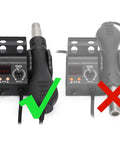 Compact Entry Level Hot Air Rework Station Kit With Integrated Design showing correct and incorrect hot air gun placement