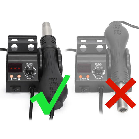 Compact Entry Level Hot Air Rework Station Kit With Integrated Design showing correct and incorrect hot air gun placement
