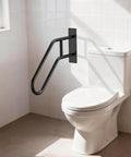 Heavy Duty U Shaped Hand Rail For Outdoor Steps, Black Wall Mount Stair Support, installed beside a toilet for support.