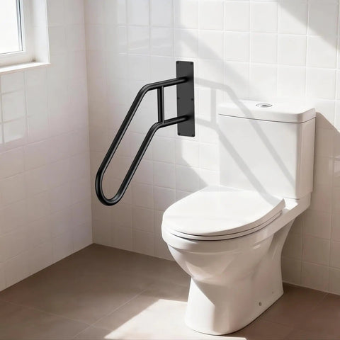 Heavy Duty U Shaped Hand Rail For Outdoor Steps, Black Wall Mount Stair Support, installed beside a toilet for support.