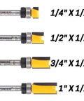 Pro Grade Four Piece Flush Trim Router Bit Set Half Inch Diameter Quarter Inch Shank One Quarter To One Inch Cut Lengths showing four bits.